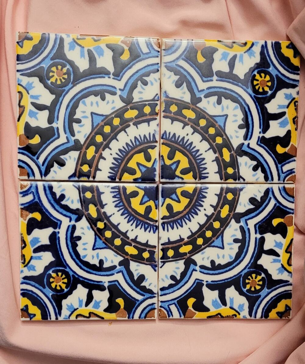 4 Mexican Talavera Blue and Gold Pattern Tiles Decor Coasters Mexico
